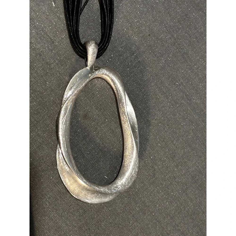 Sweet Lola Silver Tone Textured Large Oval Pendant Black Cord Necklace statement